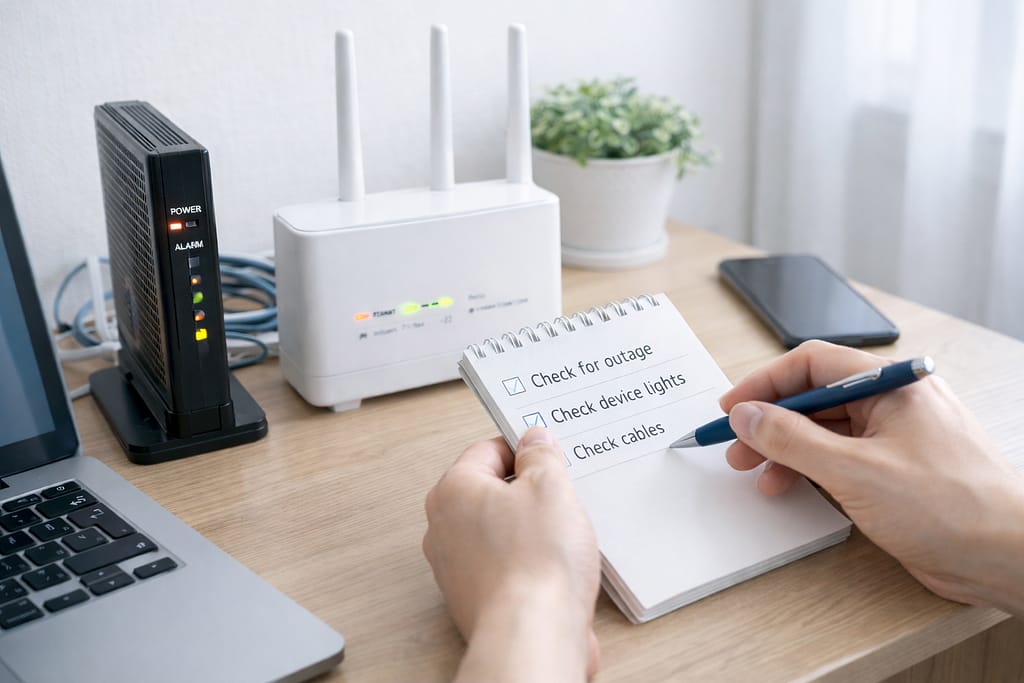 ONUとWi-Fiルーターのランプを確認しながら、メモを見て接続状況をチェックしている手元の様子