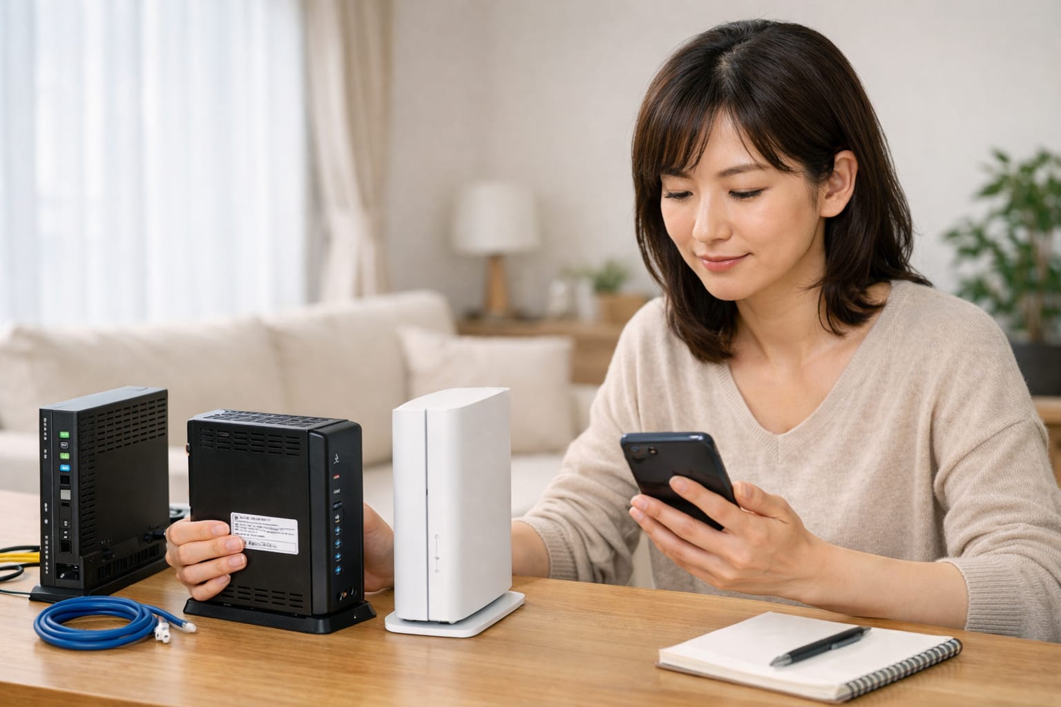 古いルーターと新しいルーターを比較しながら確認する女性