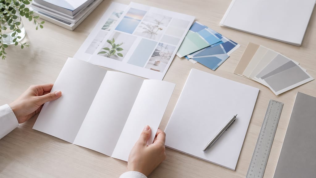 Wordでパンフレットを作る前に、折り方や構成、配色を整理して準備している作業風景