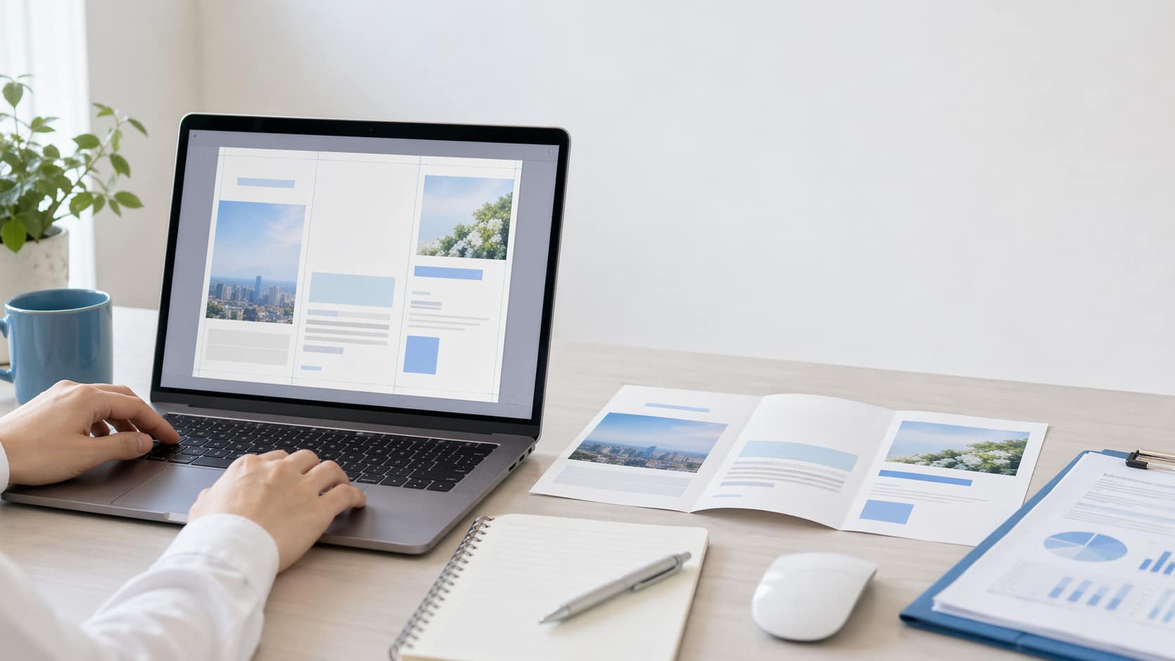 パンフレット作成画面を表示したノートPCと、机上に置かれた試し刷りやノート、マウスが並ぶ作業風景