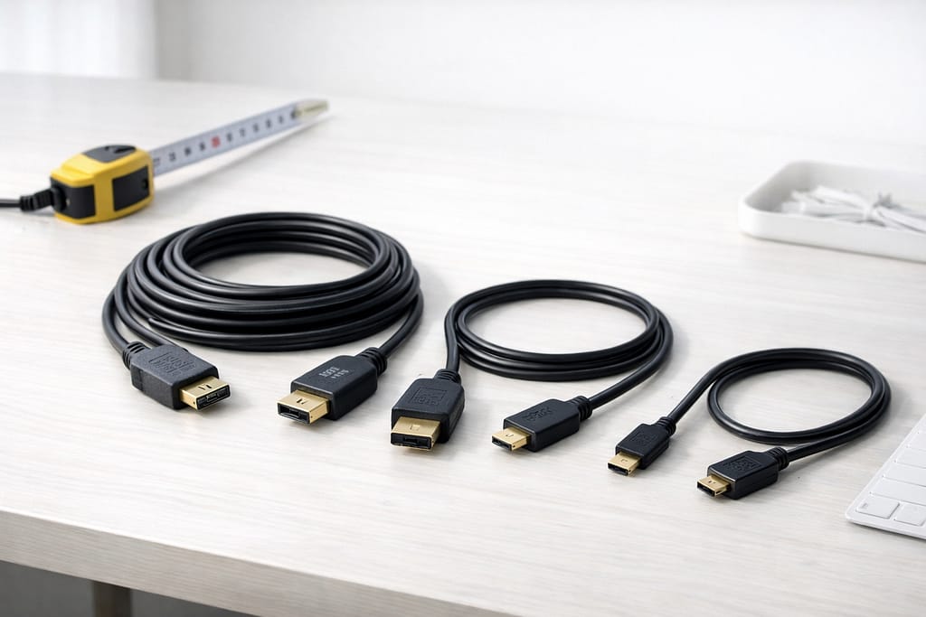 長さや端子の違うHDMIケーブルを並べた画像