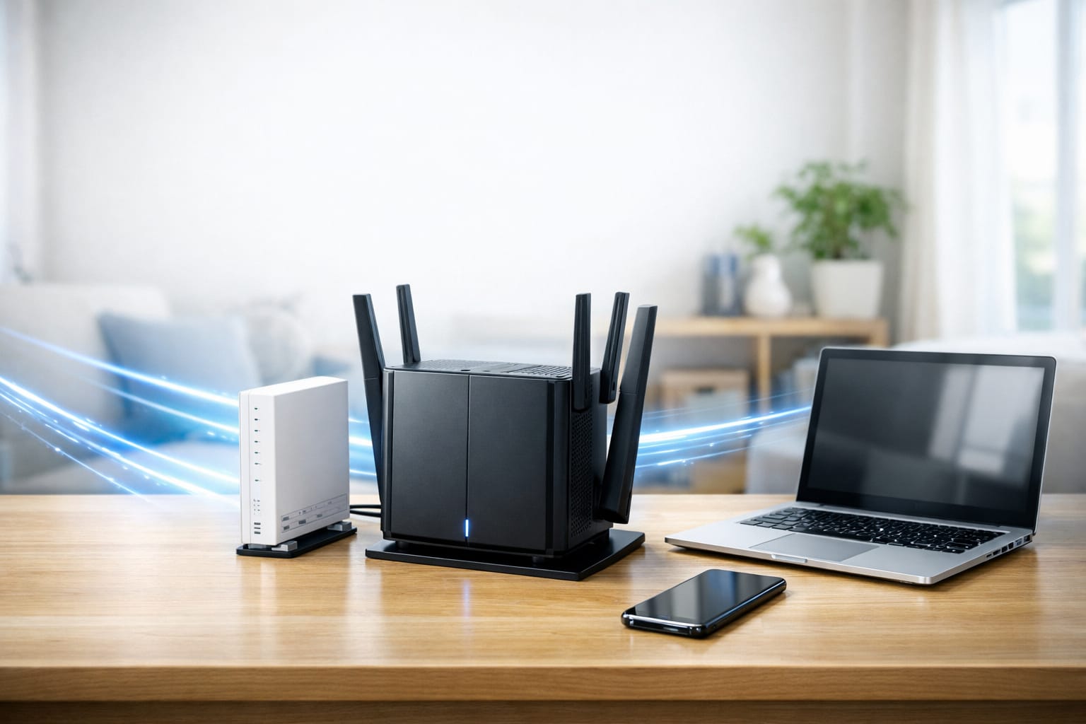 ドコモ光10ギガ対応ルーターとONU、ノートパソコン、スマートフォンを配置した高速通信イメージ