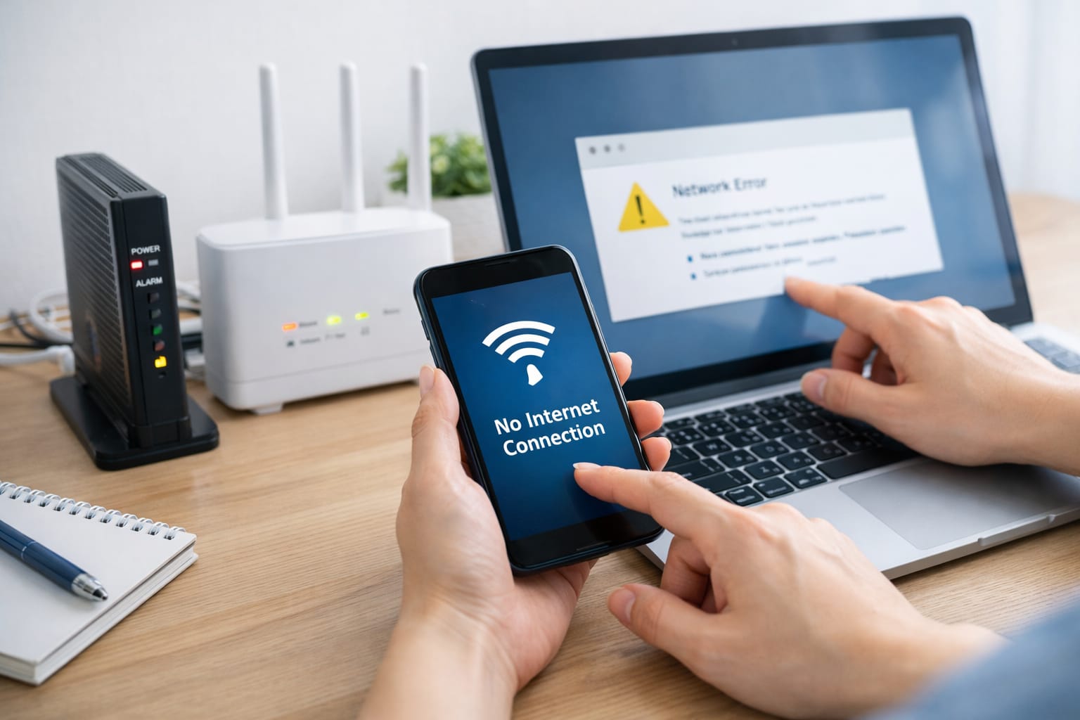 おてがる光がつながらず、ONUとルーターを確認する手元の様子