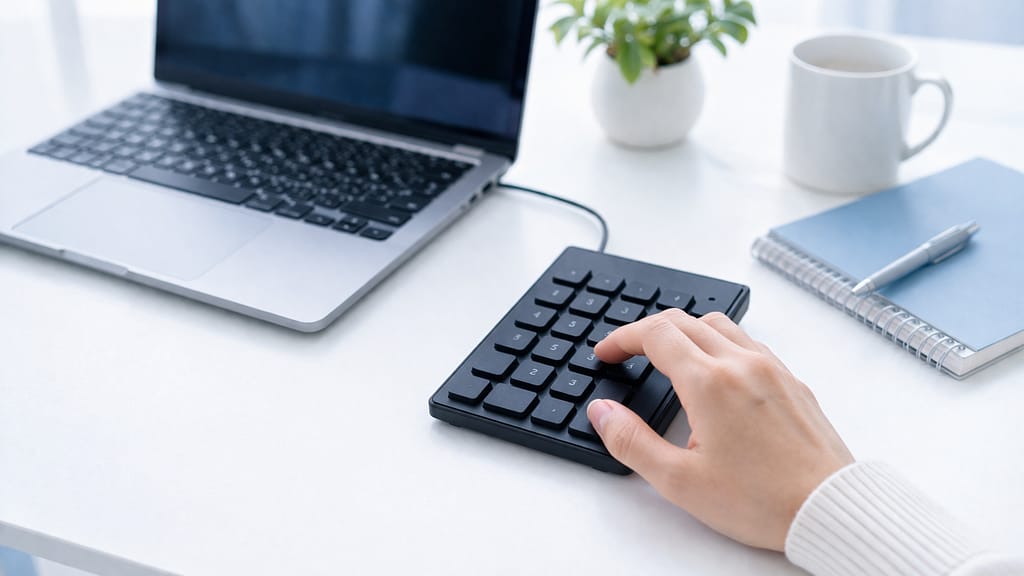 女性の手が外付けテンキーを操作しているデスク風景
