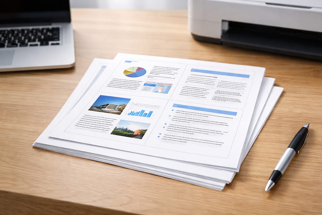 PDFを4分割印刷した用紙が机に重ねられている様子