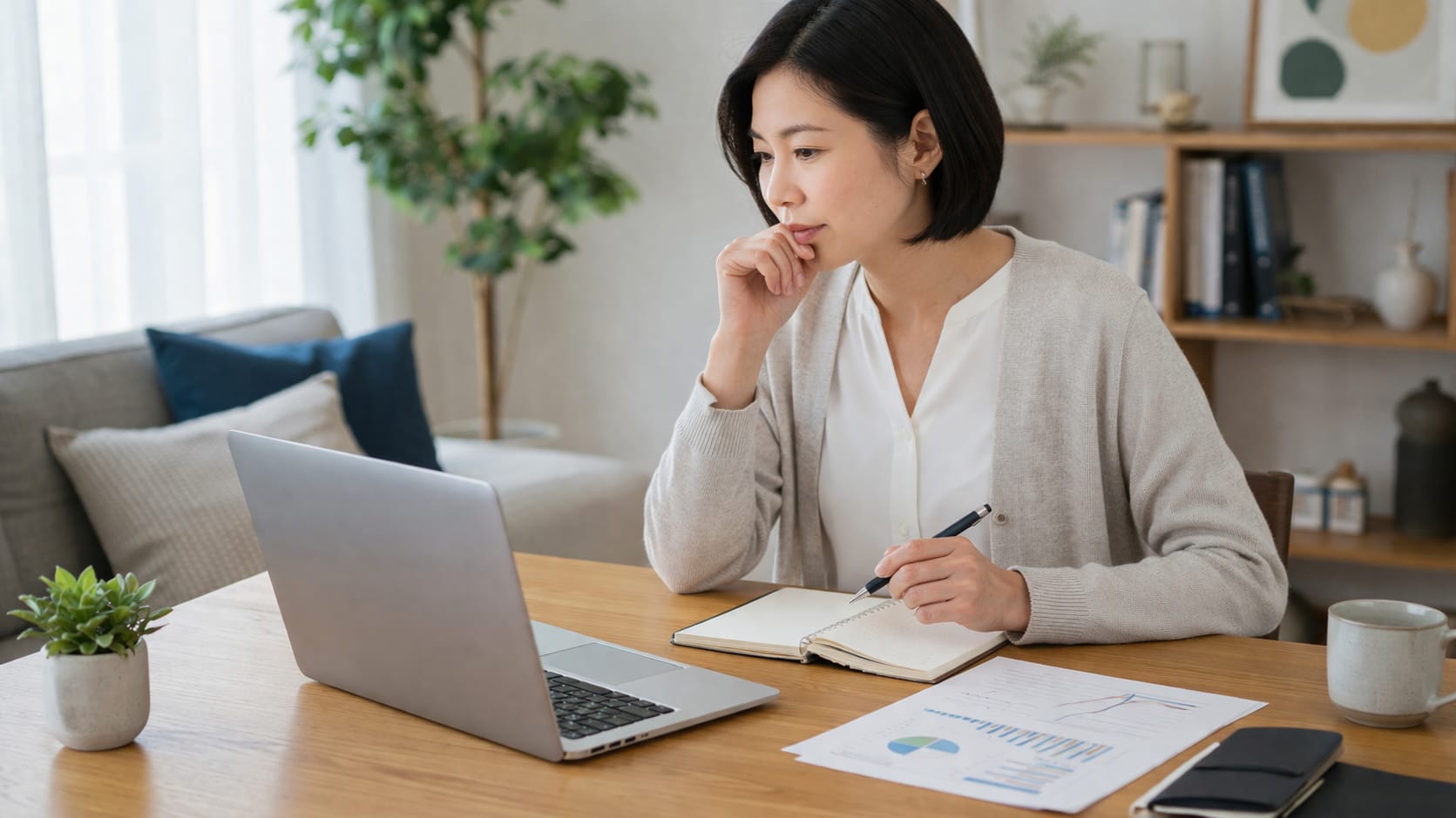 銀色のノートパソコンを前に書類を確認する女性