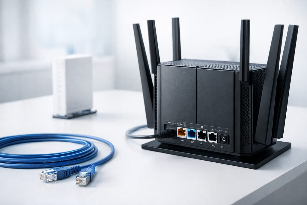 黒いWi-Fiルーターの背面ポートと青いLANケーブルを白いデスク上に配置した、ドコモ光10ギガ対応ルーター選びのイメージ