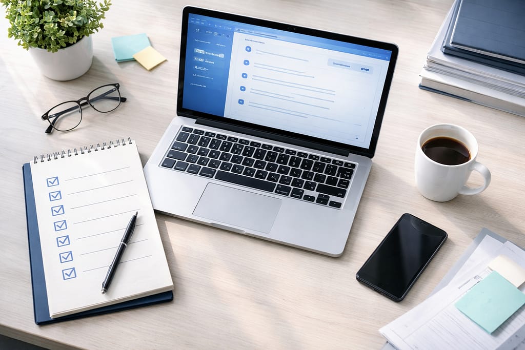 ノートパソコンとチェックリストを上から見た確認作業のデスク