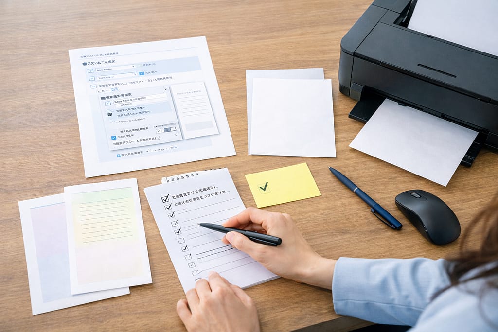 Wordの背景色が印刷されない原因を、チェックリストと印刷サンプルで確認している手元