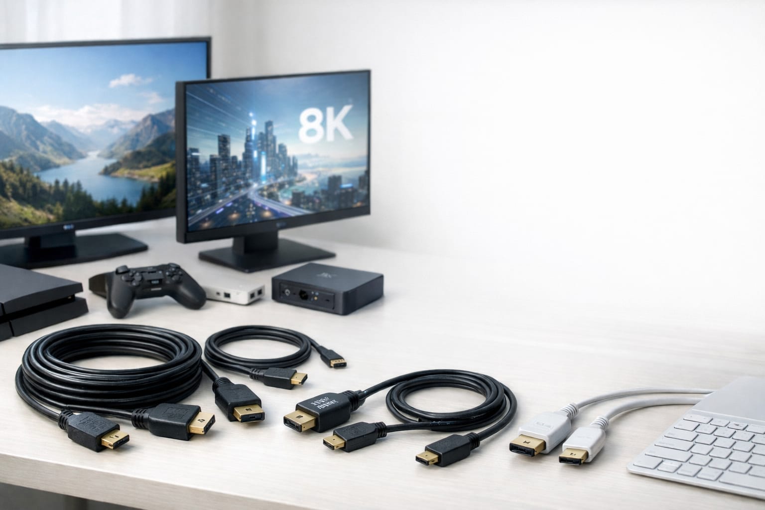 HDMIケーブルやモニターを並べた、ケーブル選びのイメージ画像