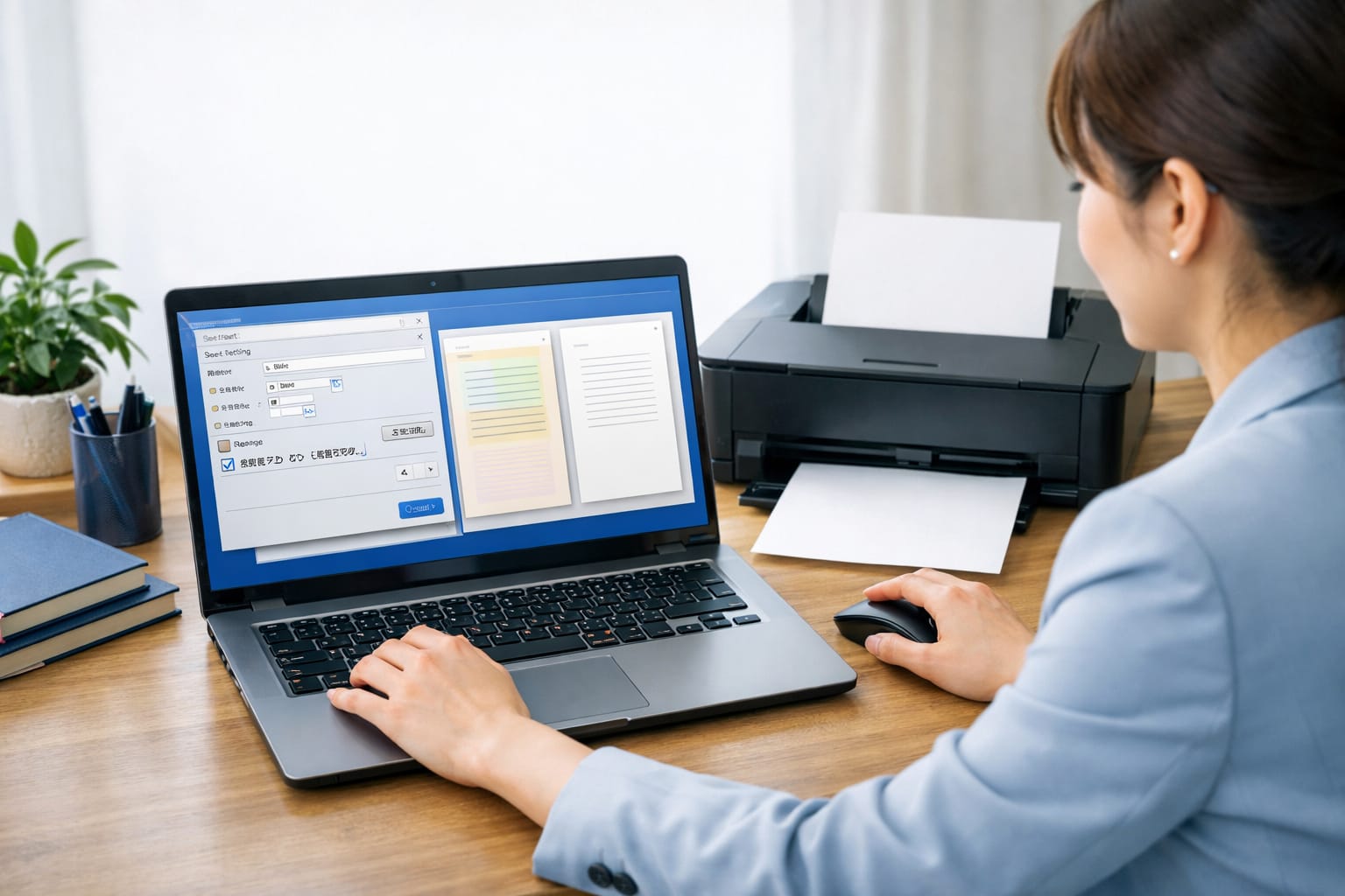 日本人女性がPCの印刷設定で背景色が反映されない文書を確認している様子