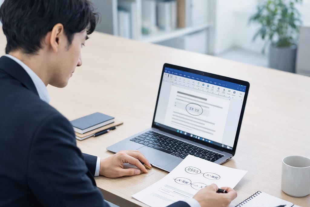 Wordで文字を丸で囲む方法をメモとPCで確認しているビジネスパーソン