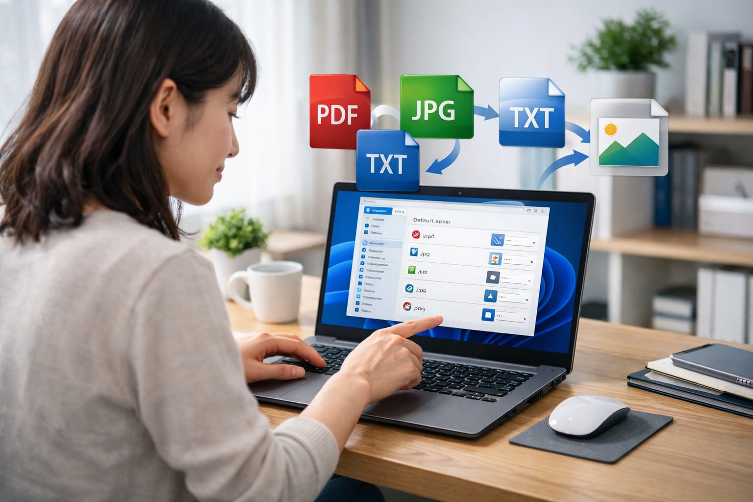 Windows 11の設定画面で拡張子の関連付けを変更する女性のイメージ画像