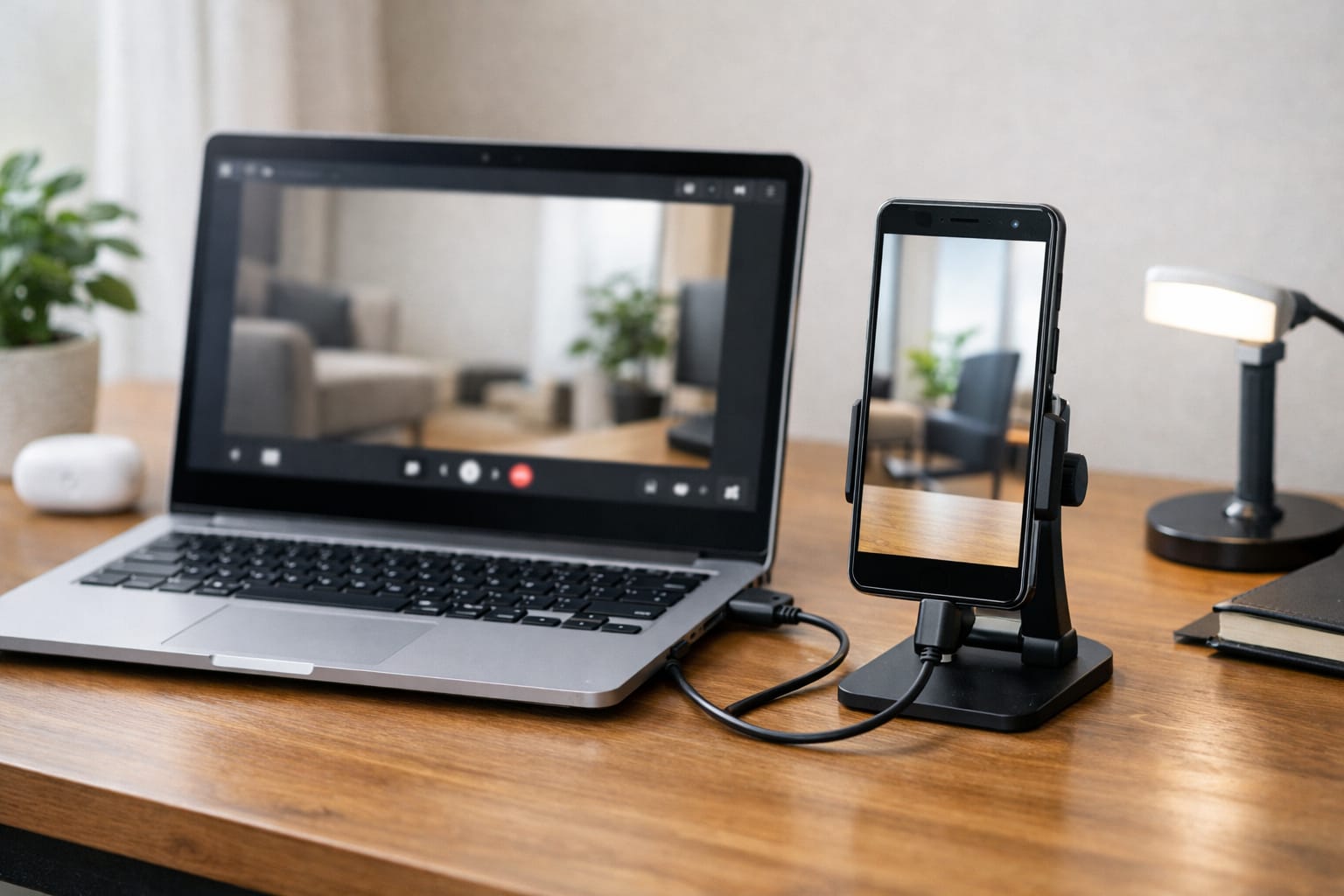 AndroidスマホをUSB-CでノートPCに接続し、Webカメラとして使っているホームオフィスのデスク風景