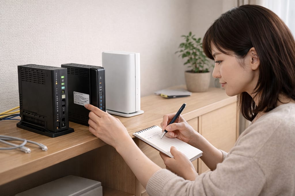 通信機器の型番を確認しながらメモを取る女性
