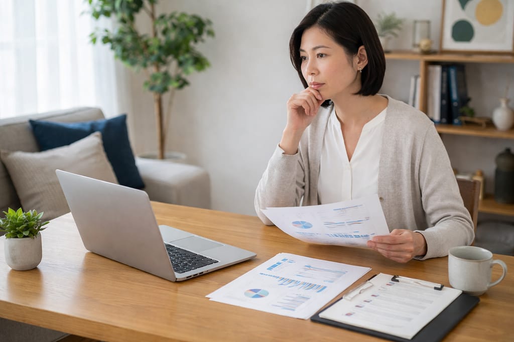 ノートパソコンを前に書類を確認する女性