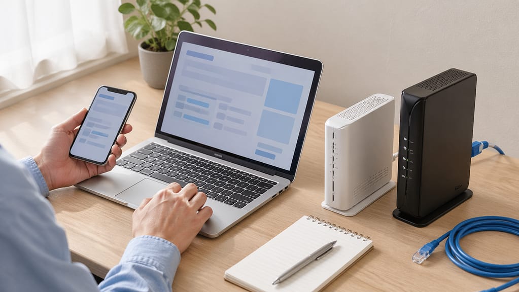 机の上でノートパソコンとスマホを使い、ONUやルーターを確認している様子