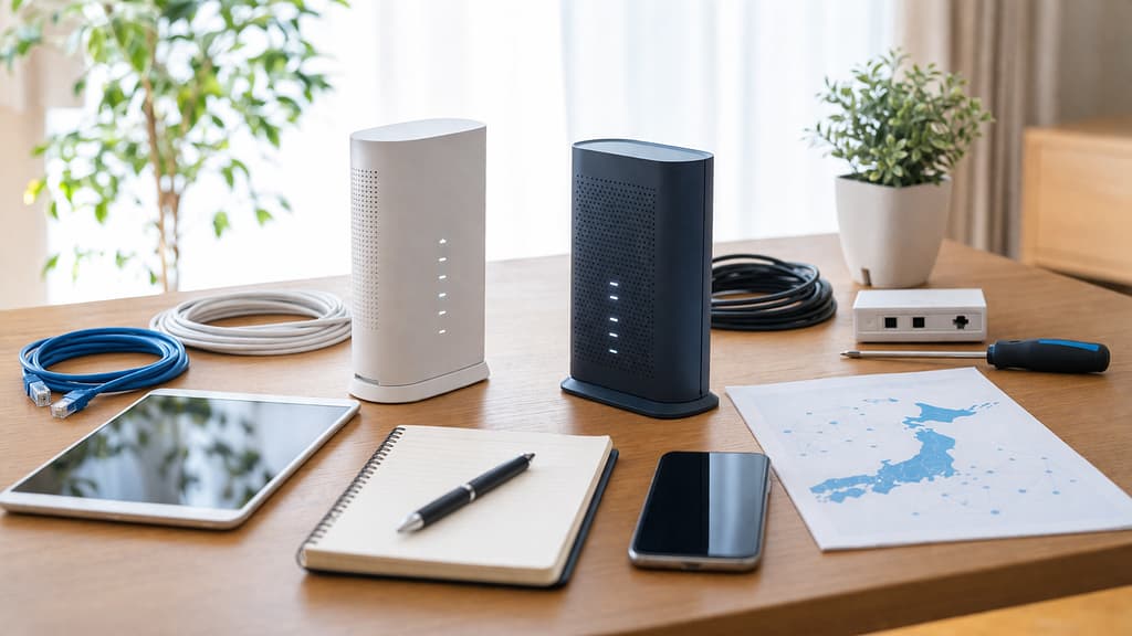 木製デスクに並ぶ2台のWi-Fiルーター