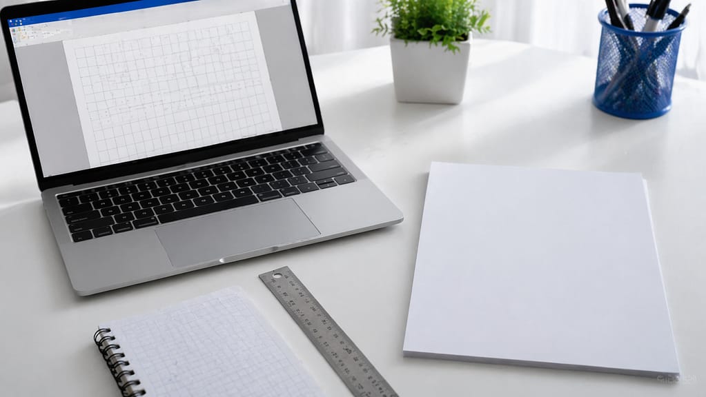 Wordのグリッド線表示と印刷されない白紙の違いを示すデスク上の静物画像
