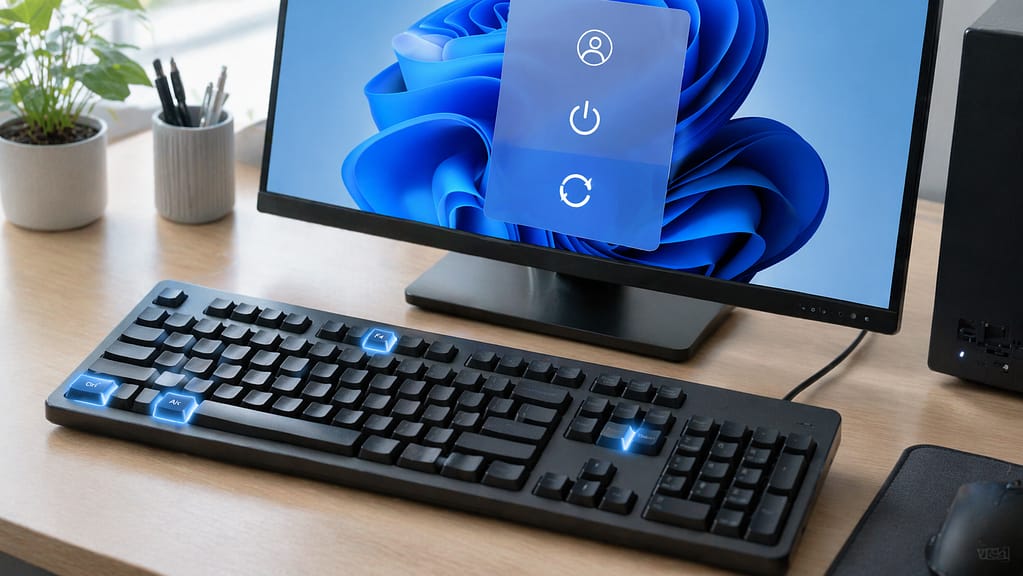 Windows 11の再起動ショートカットを示すキーボードとモニターの操作イメージ