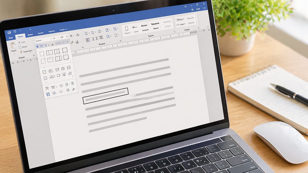Word画面で文字に四角い枠線を付けた操作例が表示されたノートパソコンのデスク風景
