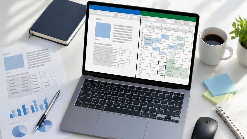 WordとExcelのレイアウト違いを比較したデスク上のノートPC画像