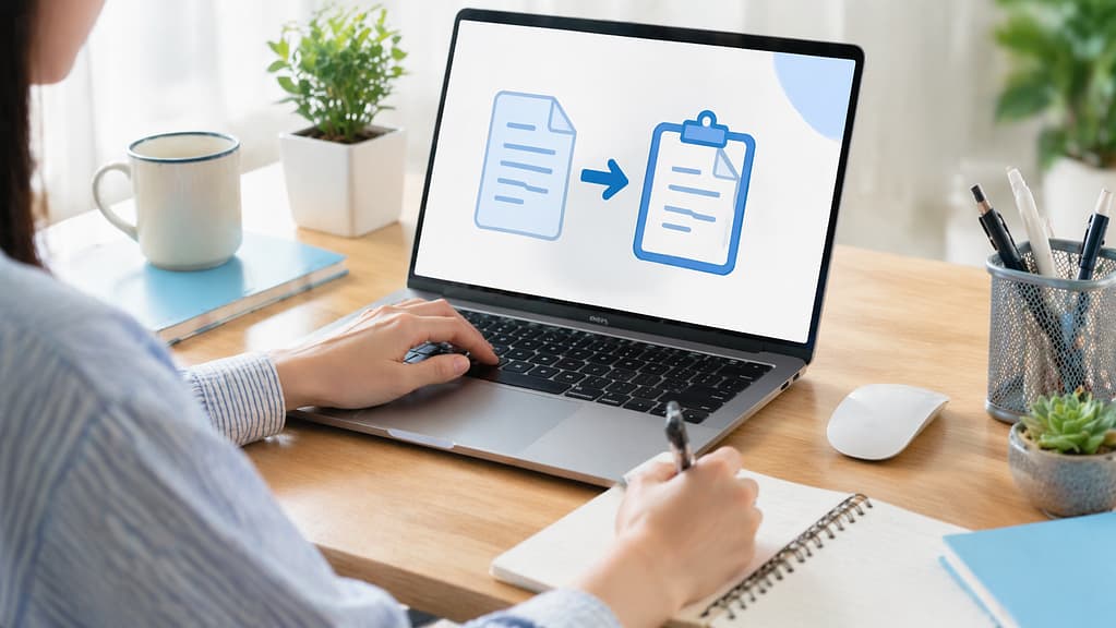 ノートパソコンでコピー＆ペースト操作を学ぶ手元の作業風景
