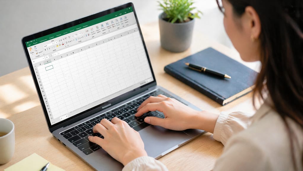 Excelを開いたノートパソコンを操作する女性の手元の様子