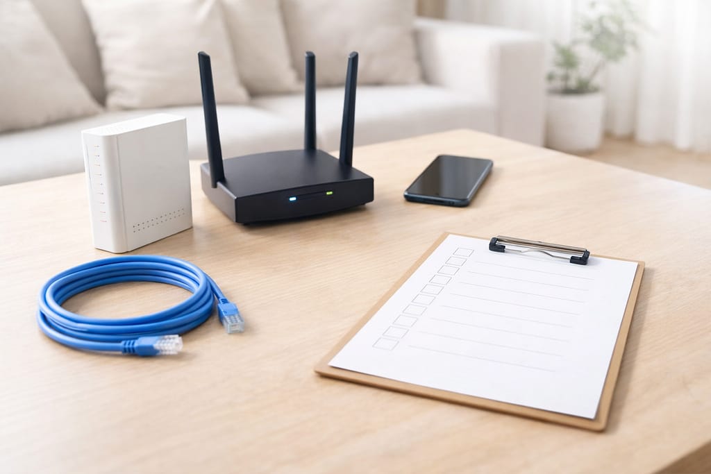 木目テーブルにONUとWi-Fiルーターと無地チェック表