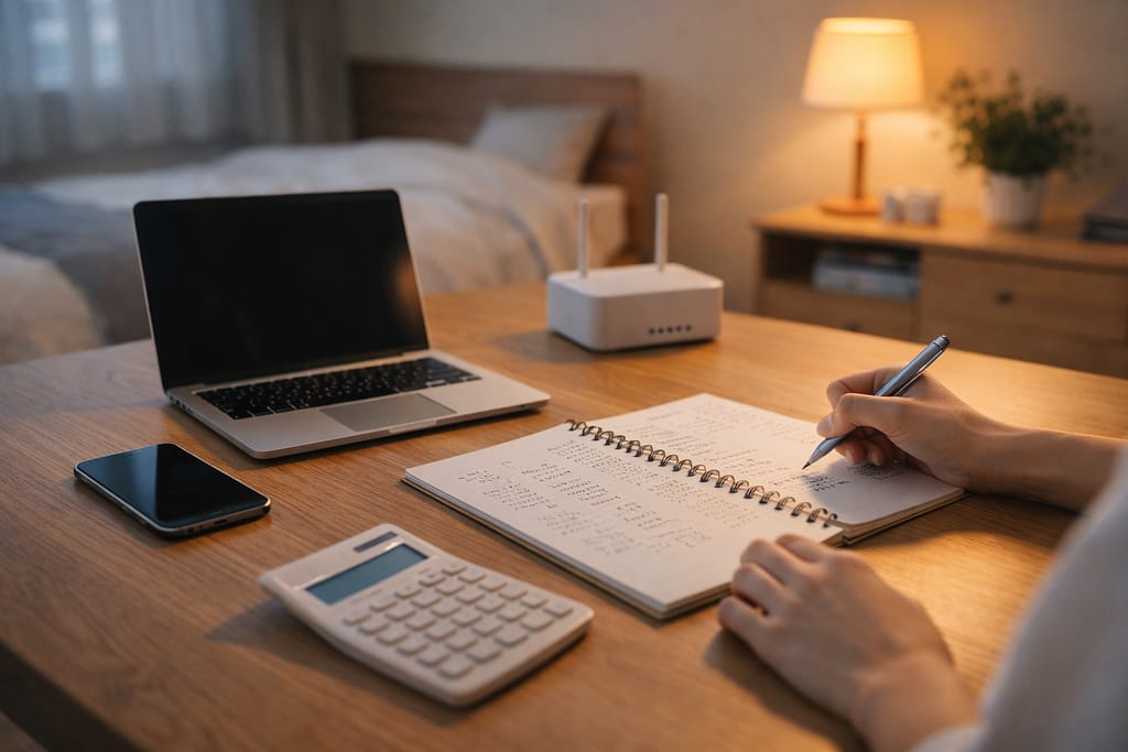 ノートPCとルーターの横で家計簿に書き込む手元