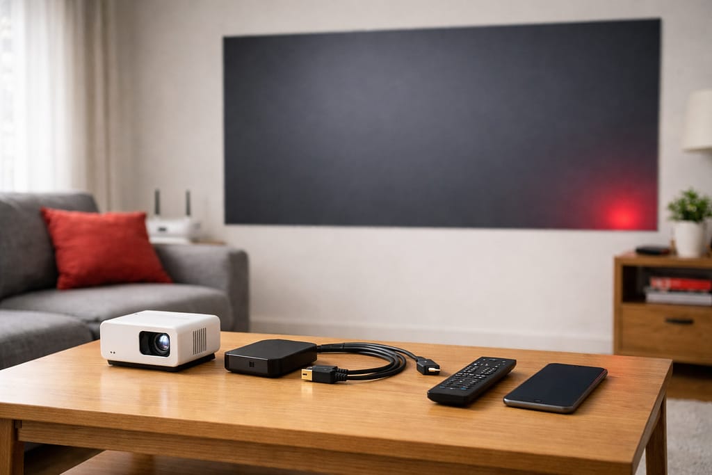 黒い投影画面と接続機器が並ぶリビングのテーブル
