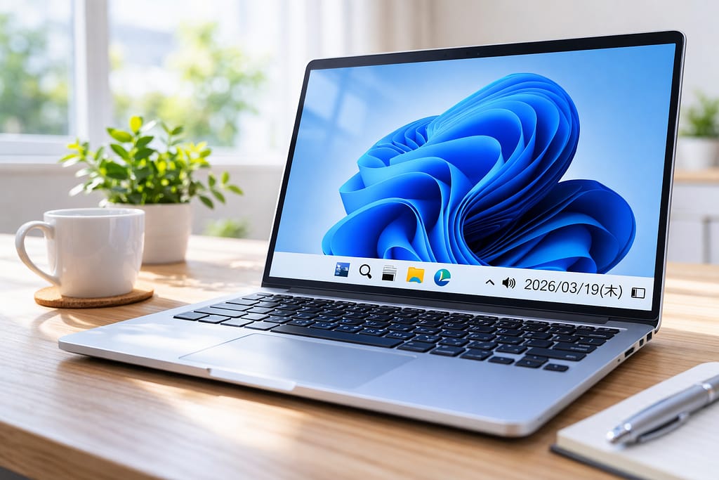 デスク上のノートPCに曜日付き日付が表示されたWindows 11画面