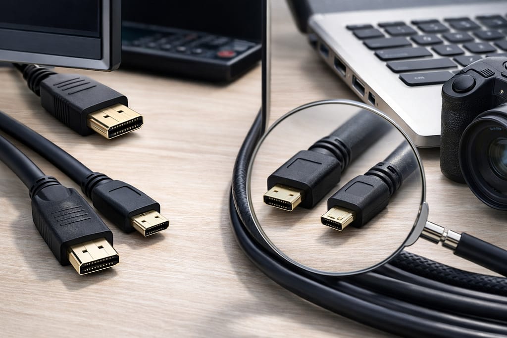 HDMI端子3種類を拡大鏡で見比べるデスク上の構図