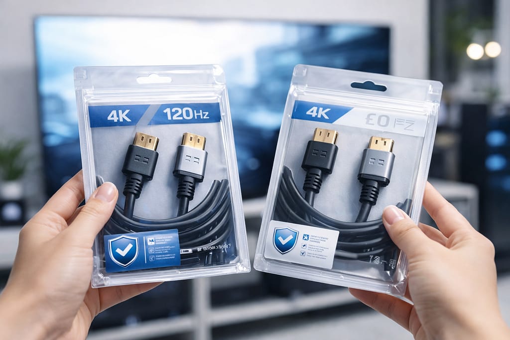 店頭でHDMIケーブルを見比べる女性の手