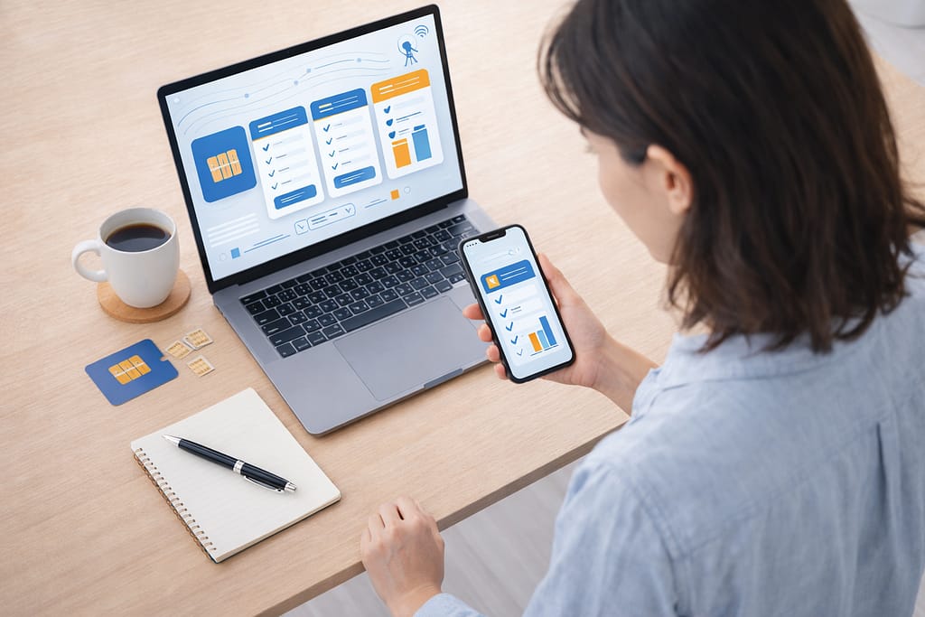 机でスマホとノートPCの料金比較を見る女性
