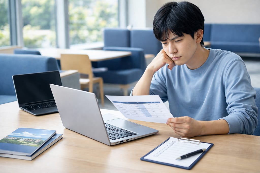 大学ラウンジでノートPCを比較する男子学生