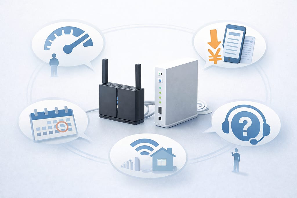 ルーターとモデムを中心に不満要因を示す図解
