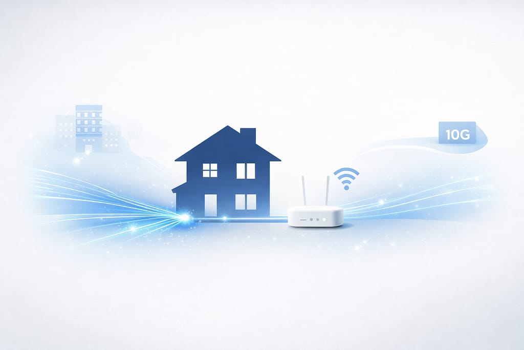 光回線の仕組みと家庭内通信を表したイメージ図