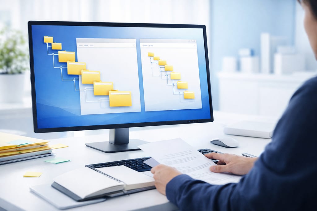 Windows 11風の画面で浅いフォルダ階層と深いフォルダ階層を比較し、デスクで資料を確認しているイメージ
