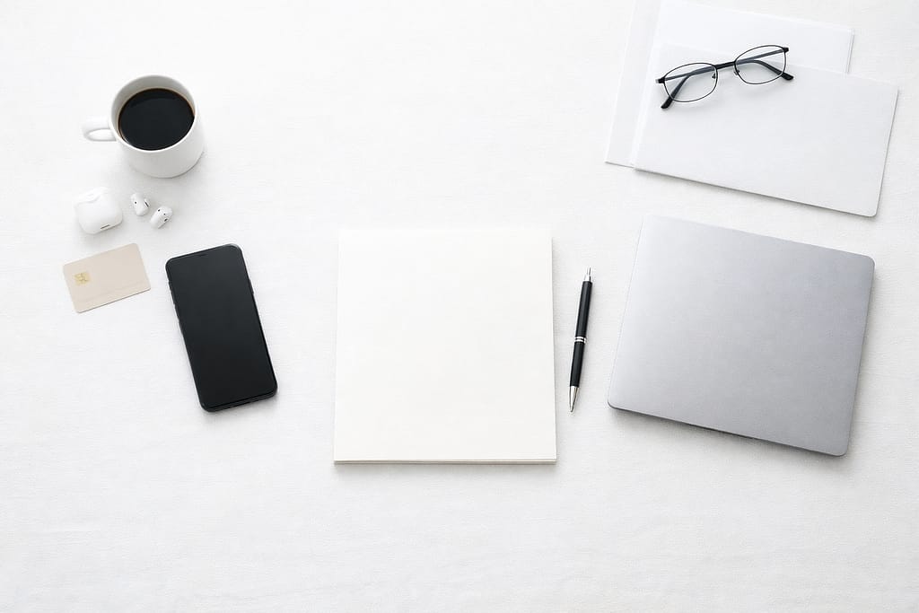 スマホとノートパソコンを白いデスク上で比較したミニマルな俯瞰画像