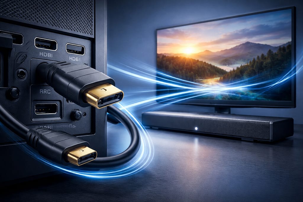 HDMI 1.4の基本仕様をイメージした、HDMI端子とテレビ背面入力、サウンドバー接続を表す説明用画像