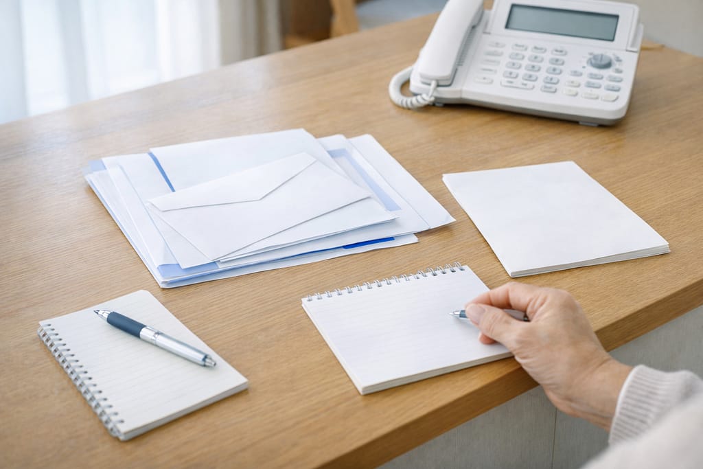 固定電話と書類を前に確認準備をする手元のイメージ