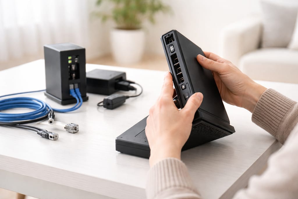 手元でWi-Fiルーターの背面を確認し、ONUやケーブルと接続構成を見直している様子