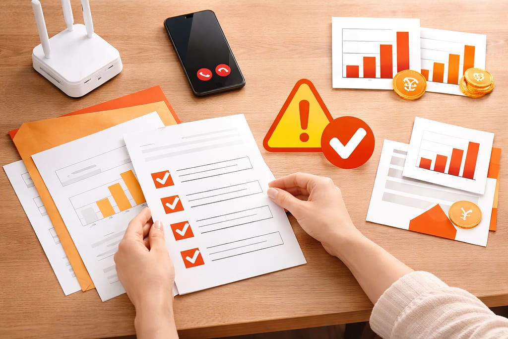 ドコモ光からauひかりの勧誘内容を確認するために書類とスマホをチェックしているイメージ