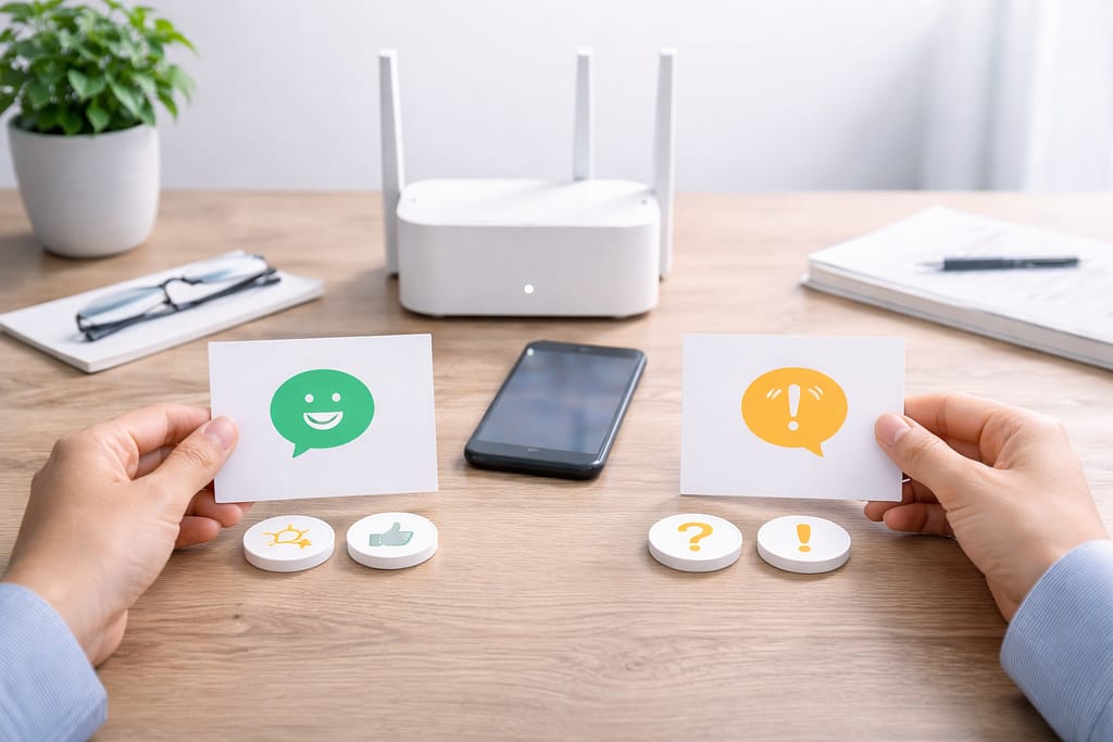 光回線の口コミを良い面と注意点に分けて比較しているイメージ