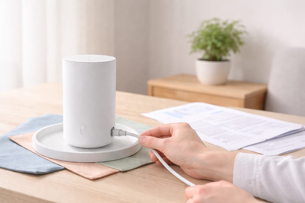 机上の白い円柱ルーターにケーブルを挿す手元