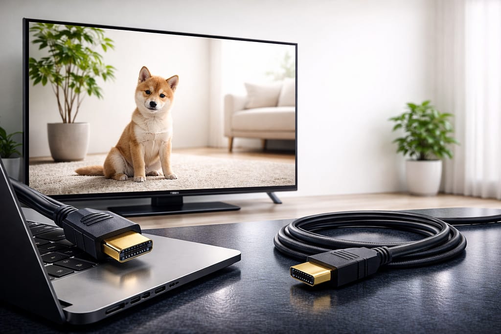 柴犬が映るテレビとHDMI接続したノートPC

