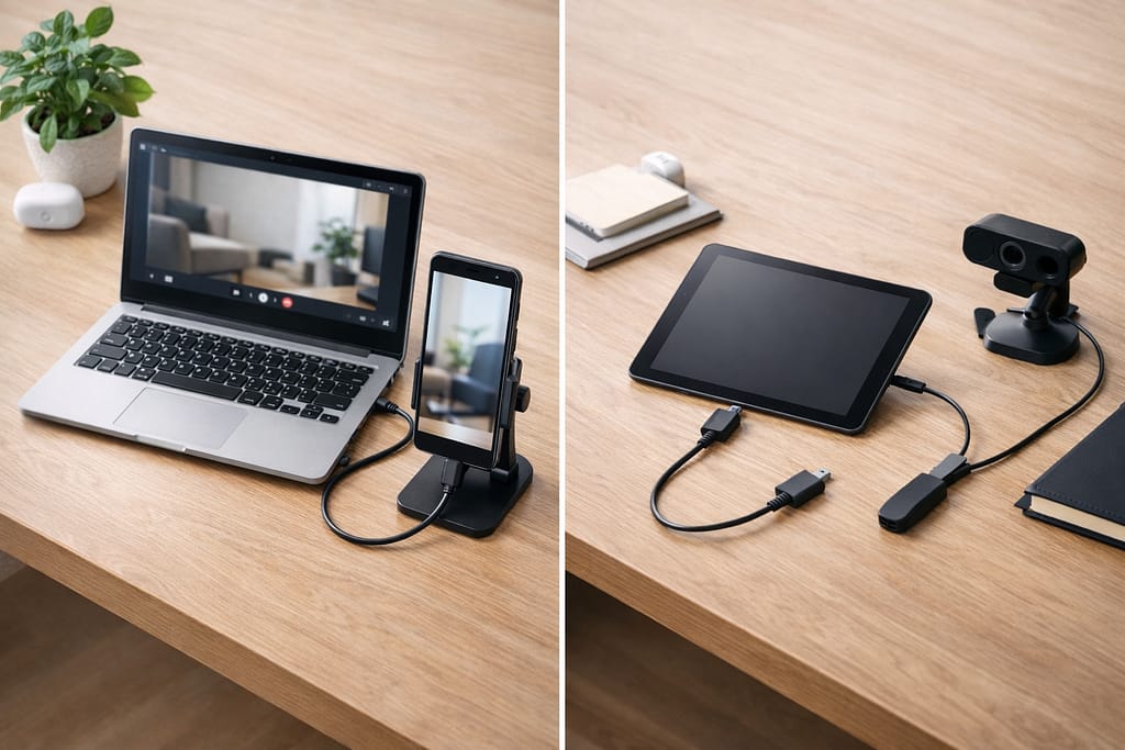 AndroidのWebカメラ活用方法を2パターンで比較したデスク写真