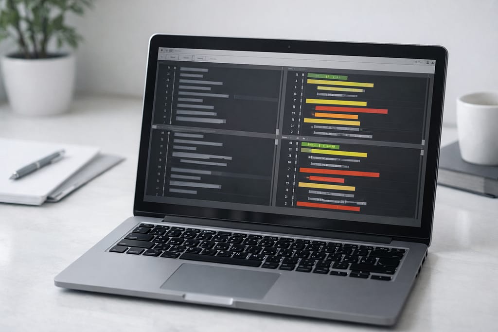 ノートPCでテキストの差分比較画面を表示しているデスク風景