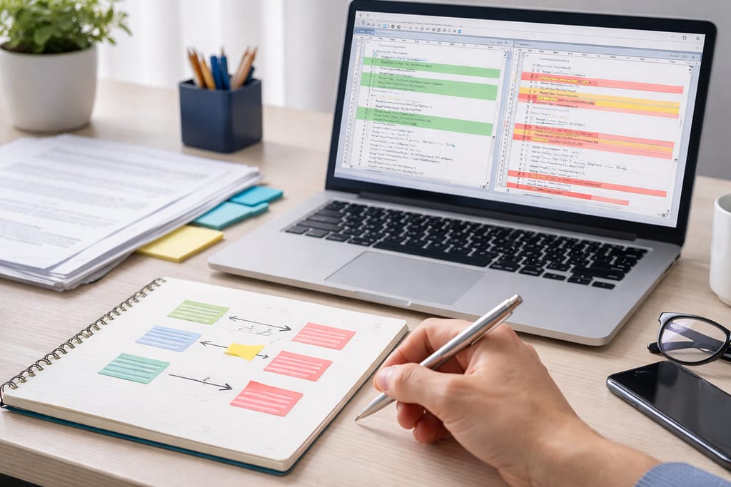 ノートとノートPCを使って、サクラエディタの差分抽出の基本を確認している作業画面
